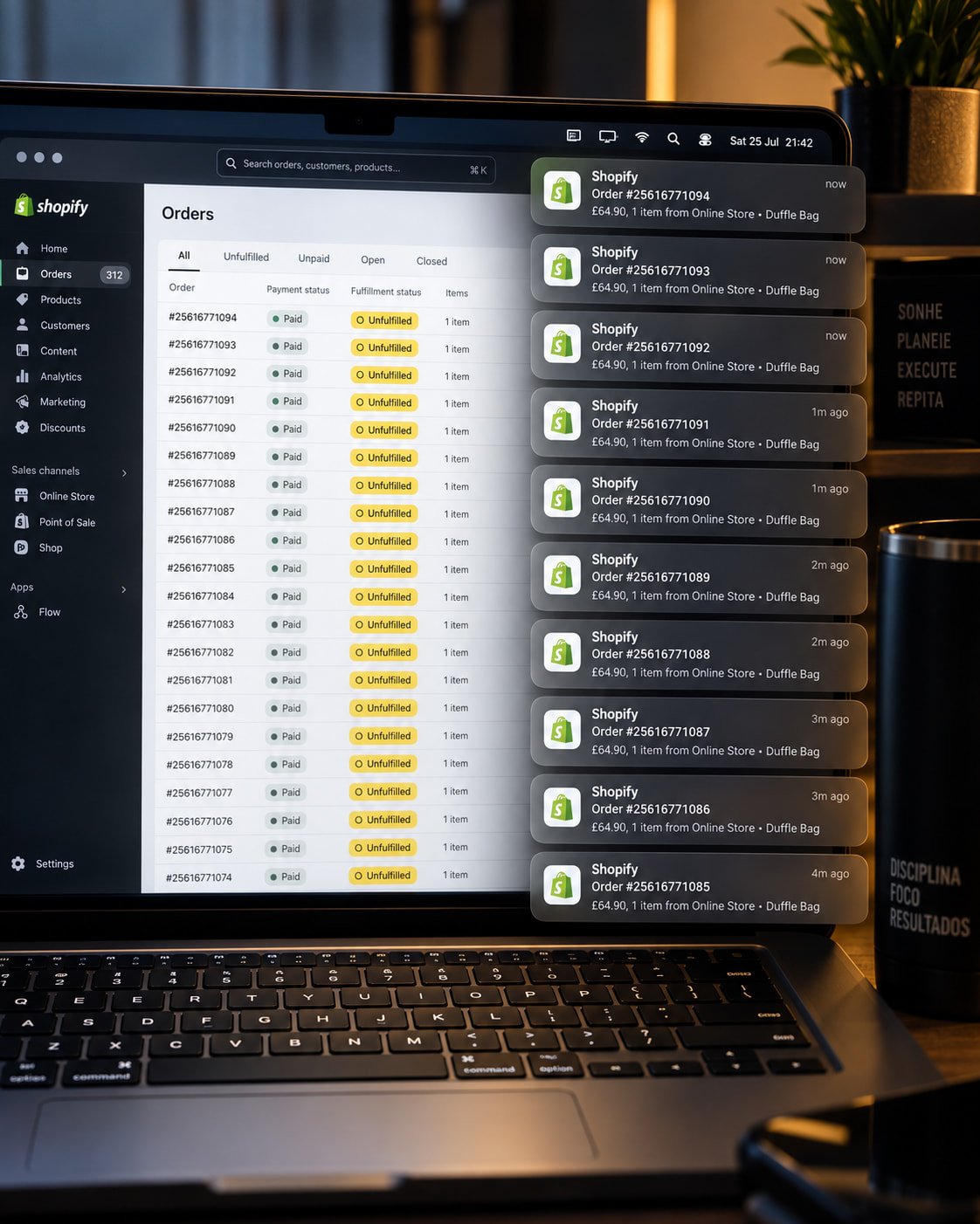 Notificações de pedidos recebidos em lojas online em operação
