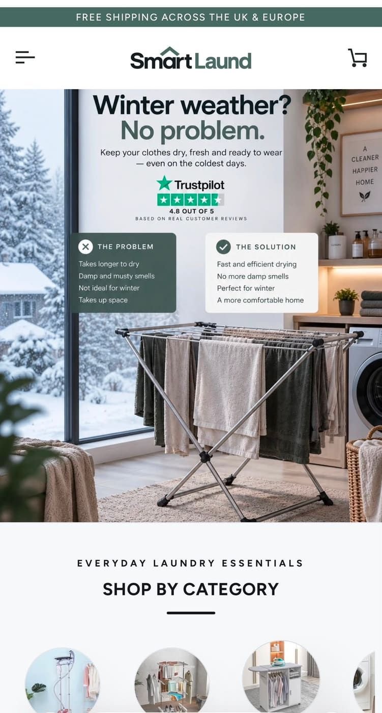 Página inicial da loja Smart Laund com banner de campanha e categorias