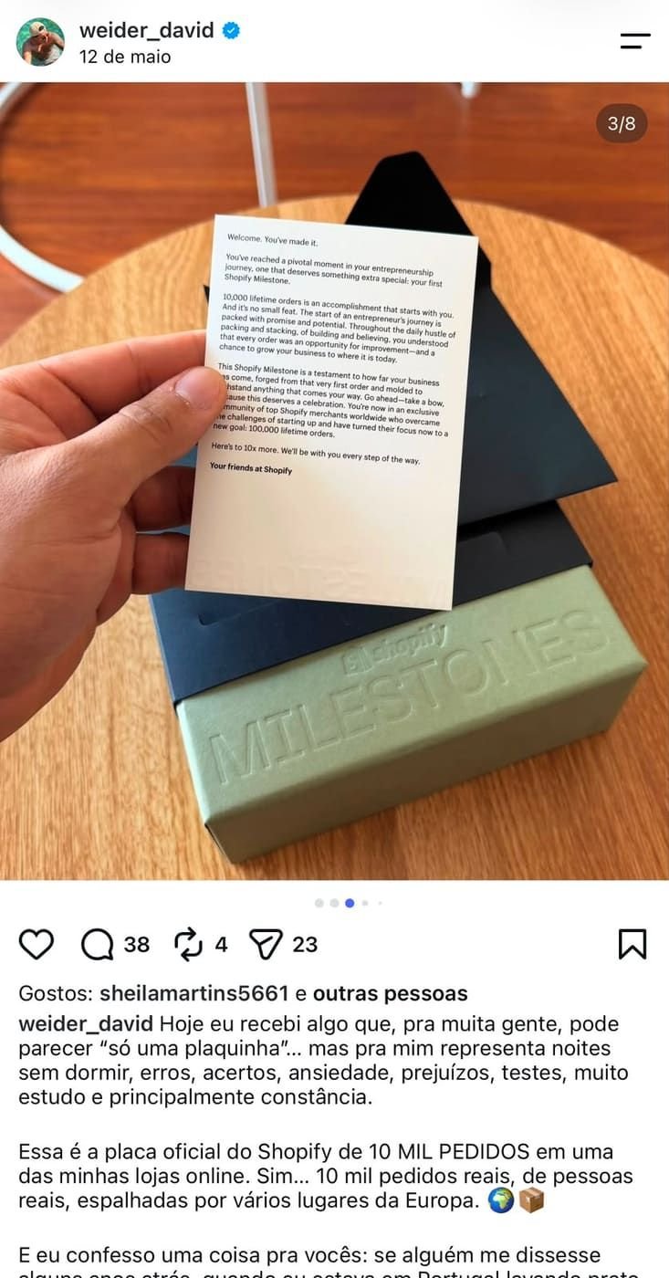 Carta enviada pelo Shopify junto da placa Milestones